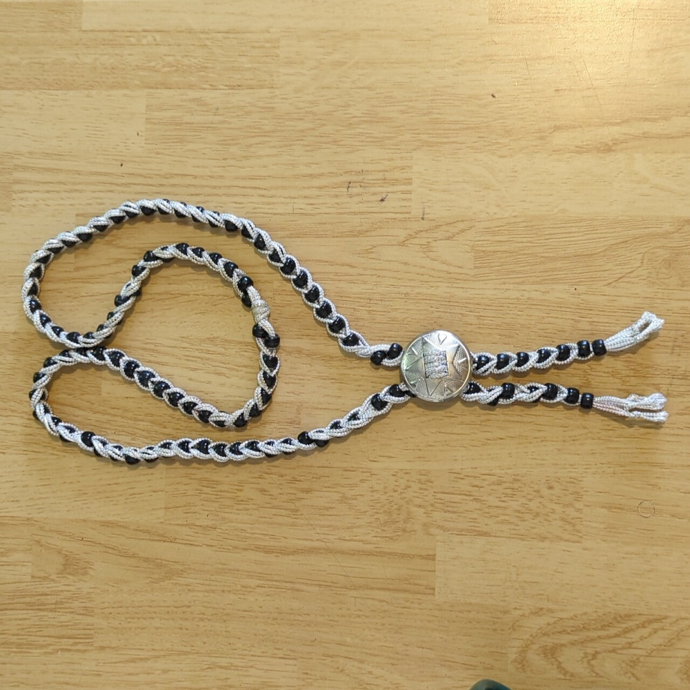 Vintage Silver Black Braided Bead Bolo
